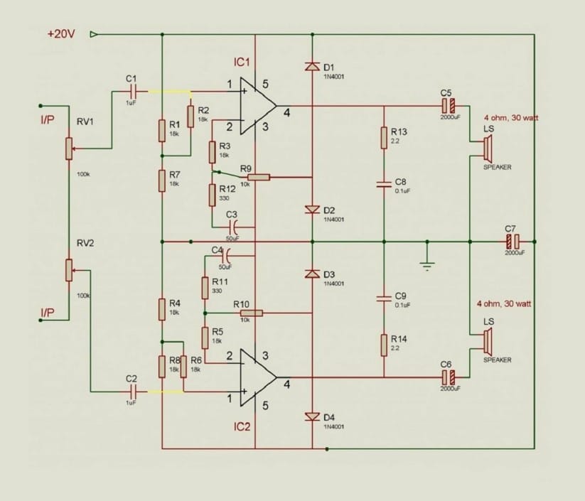 2 Channel Stereo Amplifier Circuit